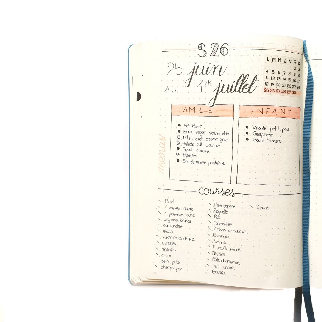 Planification des repas dans mon Bullet Journal A5