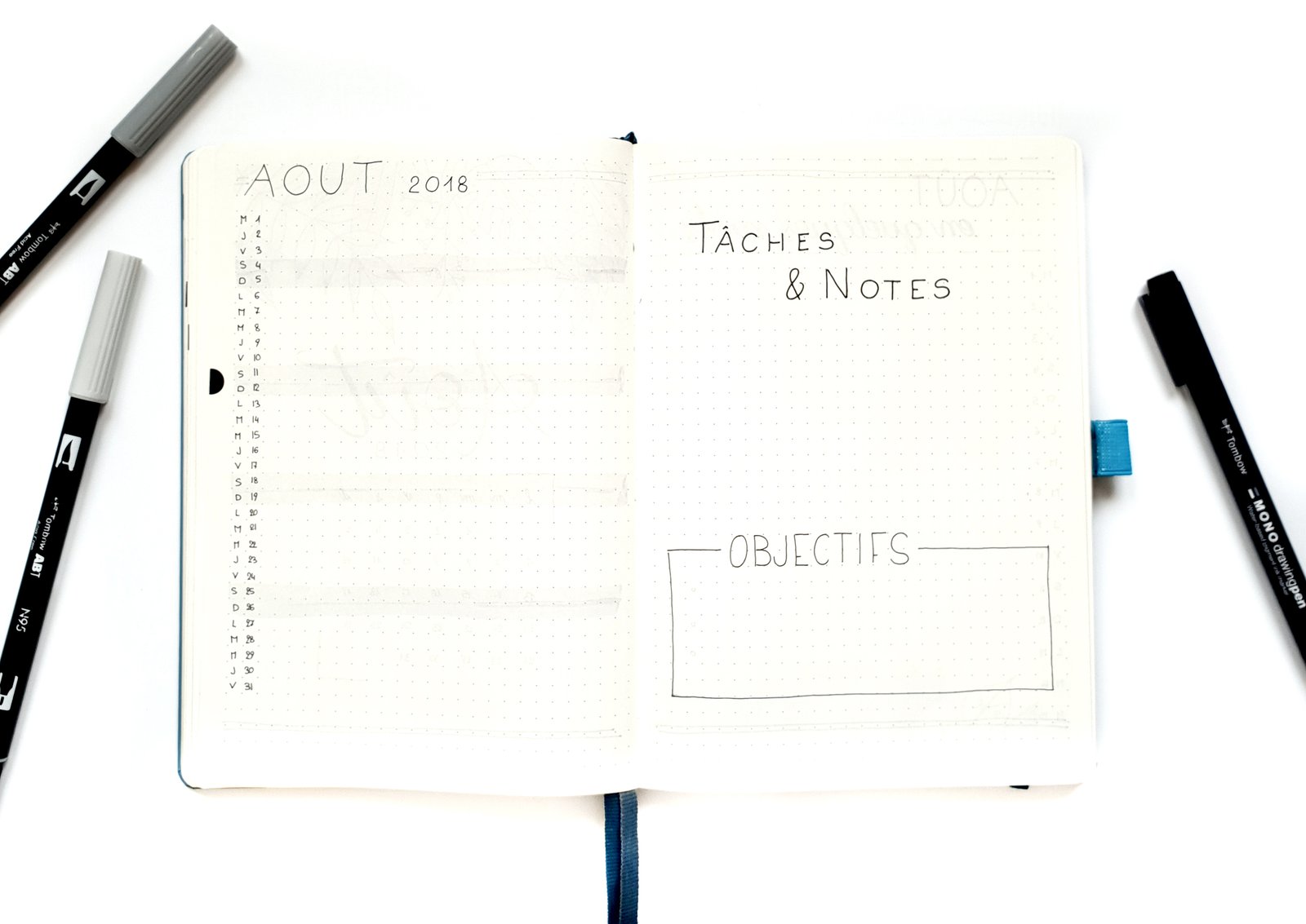 Août 2018 dans mon Bullet Journal - Vue mensuelle